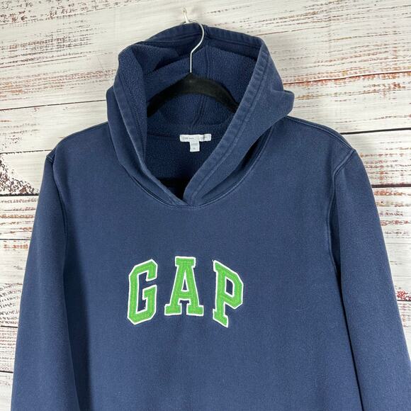 Womens Y2K Navy Blue Green Spellout GAP Hooded Sweatshirt Kangaroo Pocket XL - Picture 1 of 8